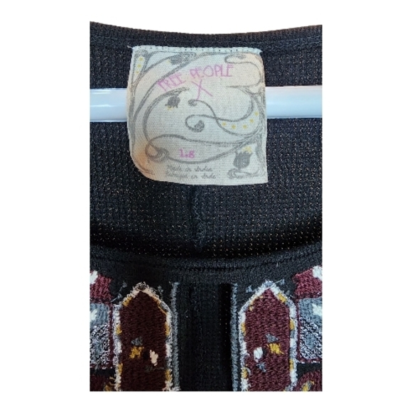 Free People Marion Black and Burgundy Embroidered Thermal Long Sleeve Top Large - Picture 3 of 7